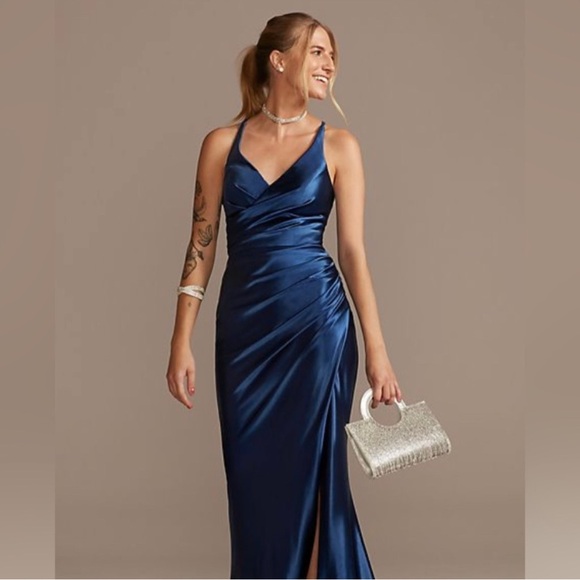 jules and cleo blue dress David's Bridal | Dresses | Davids Bridal Royal Ruched V Neck Stretch Satin Sheath Gown LaDivine CC2349 Glitter Formal collections:plunge-neck holiday galas Select Pants Size:31